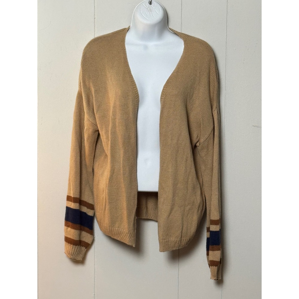 Tan Women's Open Front Knit Cardigan Sweater with Striped Cuffs Relaxed Fit Sz M